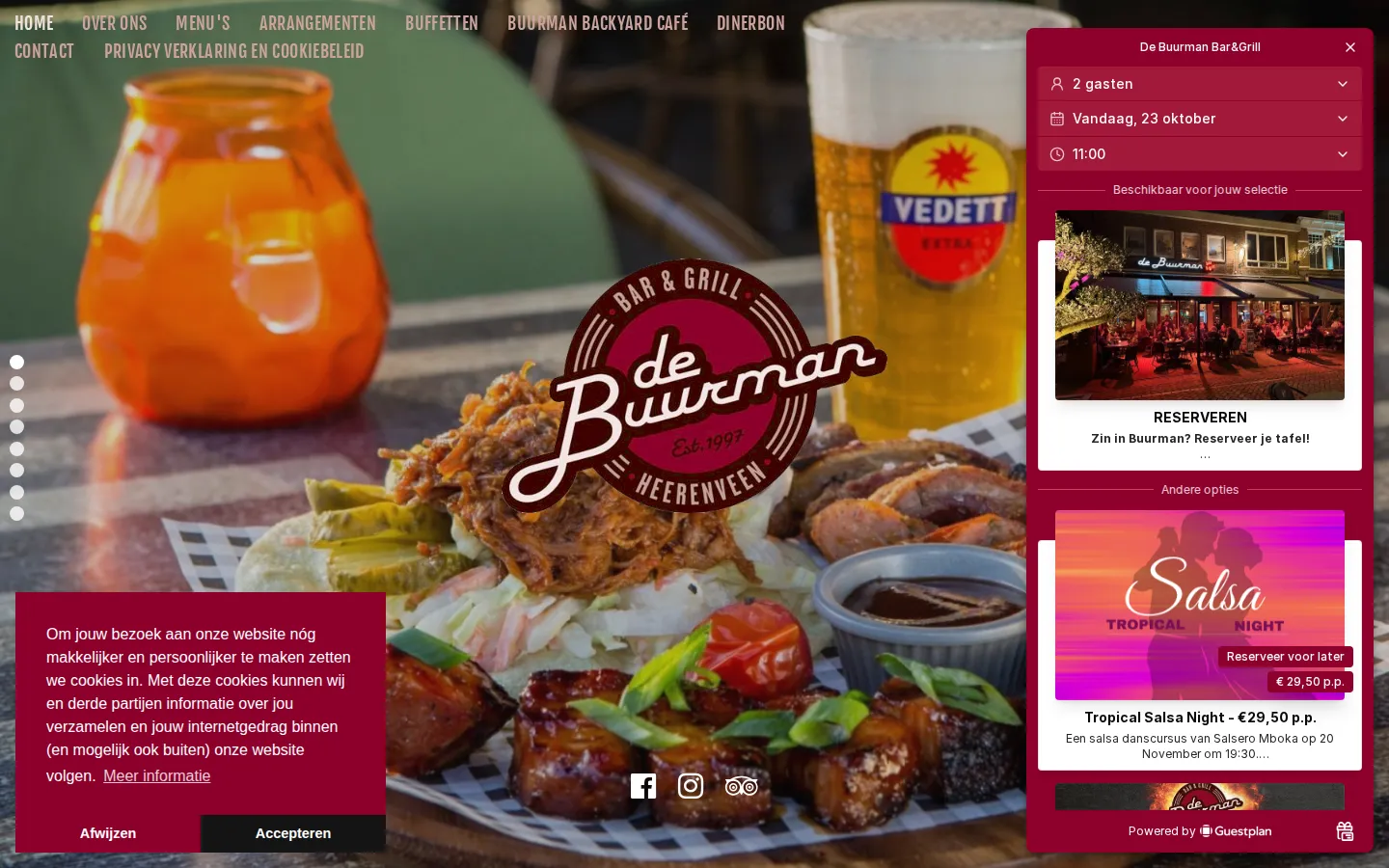 Huidige homepage op een laptop: reserveervenster en cookiemelding liggen over de foto